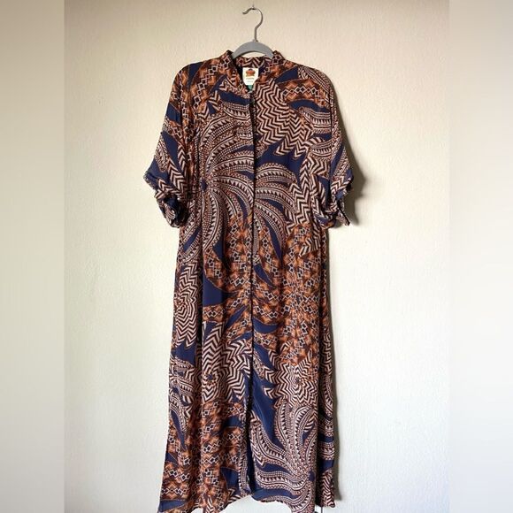 Farm Rio Yawanawa Vanahu Midi Blue Orange Shirt Dress Size S - Picture 9 of 13